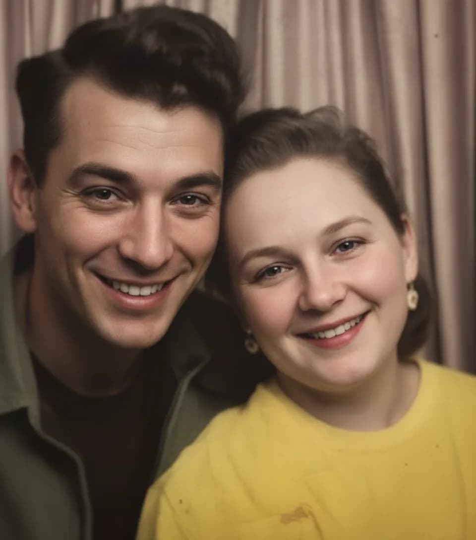 Same family photo after RestorePhotosApp AI restoration removed scratches and repaired damage