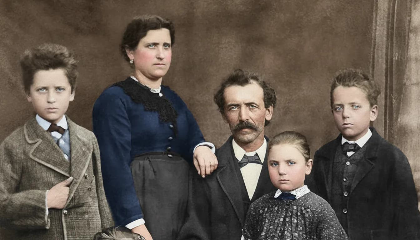 Same family photo after RestorePhotosApp AI restoration and colorization brought it to life in color